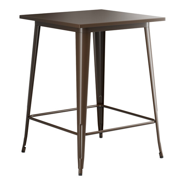 A brown square Lancaster Table & Seating Alloy Series bar height table with metal legs.
