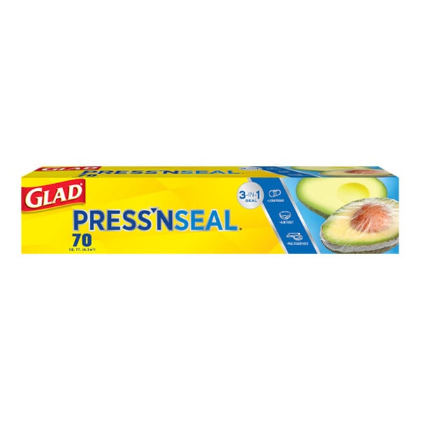 A yellow rectangular box of Glad Press'n Seal with blue text.