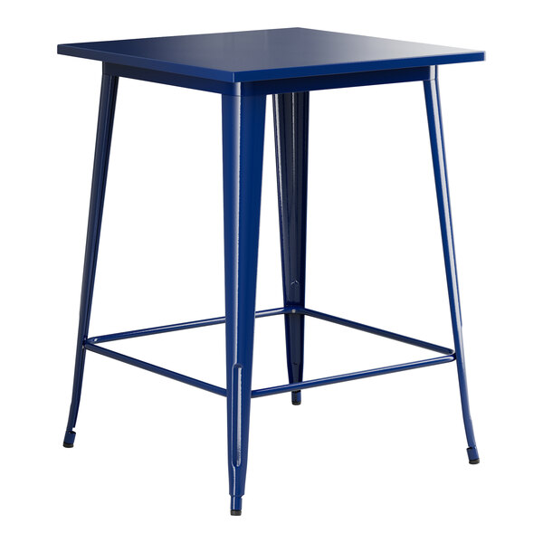 A blue Lancaster Table & Seating bar height table with a square top and legs.