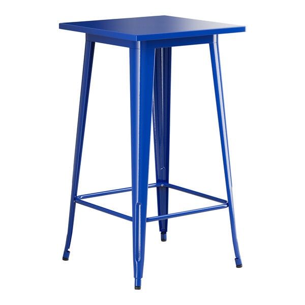 A blue Lancaster Table & Seating bar height table with a square top and legs.