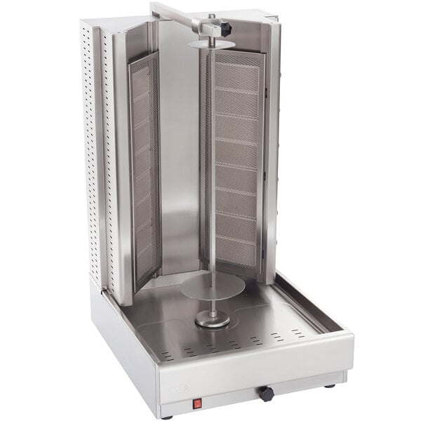 A Visvardis stainless steel gyro machine with a round metal object on a pole.