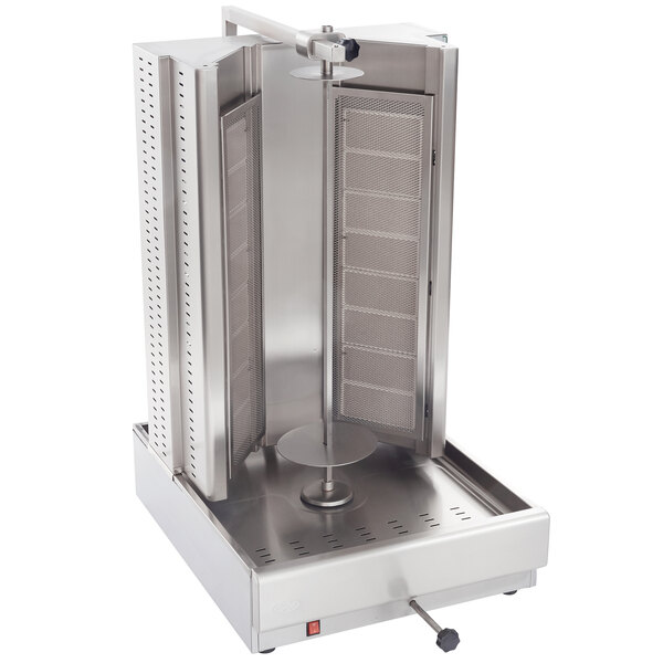 A stainless steel Visvardis gyro machine on a metal stand.