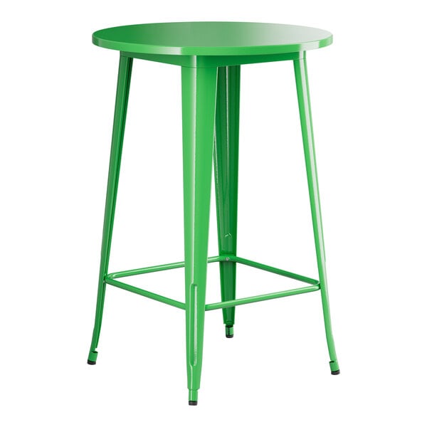 A Lancaster Table & Seating jade green metal bar height table with a round top.