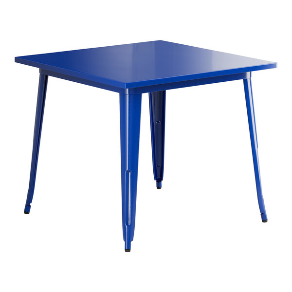 A blue square Lancaster Table & Seating Alloy Series outdoor table with four legs.