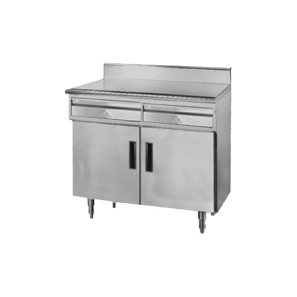 A stainless steel work table with two drawers, two hinged doors, and a 5-inch backsplash.