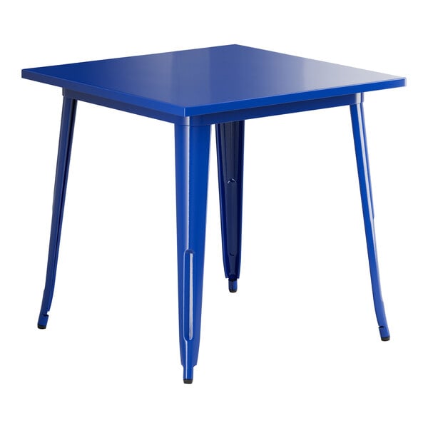 A blue square Lancaster Table & Seating Alloy Series outdoor table with legs.