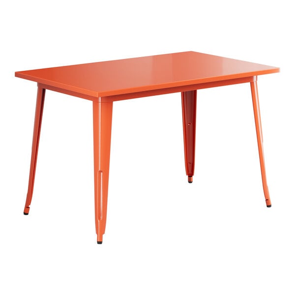 A Lancaster Table & Seating Alloy Series orange table with metal legs.