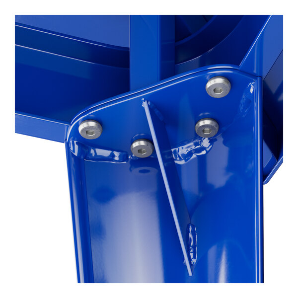 A close-up of a blue metal piece with screws from a Lancaster Table & Seating Alloy Series bar height table.