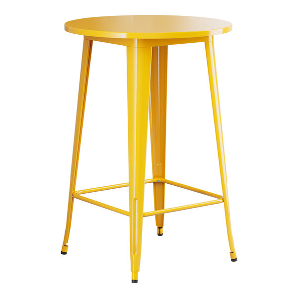 A Lancaster Table & Seating yellow metal bar height table with a round top.