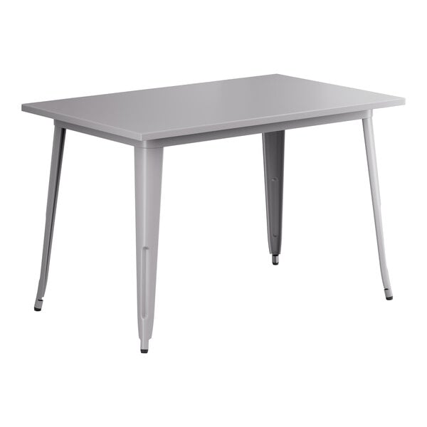 A Lancaster Table & Seating grey rectangular table with metal legs.