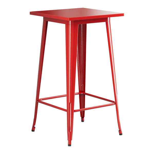 A Lancaster Table & Seating red metal bar table with a square top.