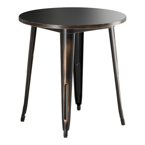 A Lancaster Table & Seating round black metal table with legs.