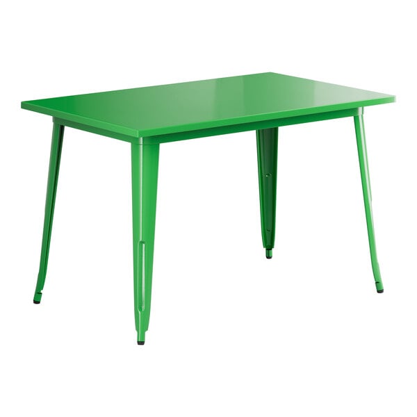 A Lancaster Table & Seating jade green table with metal legs.