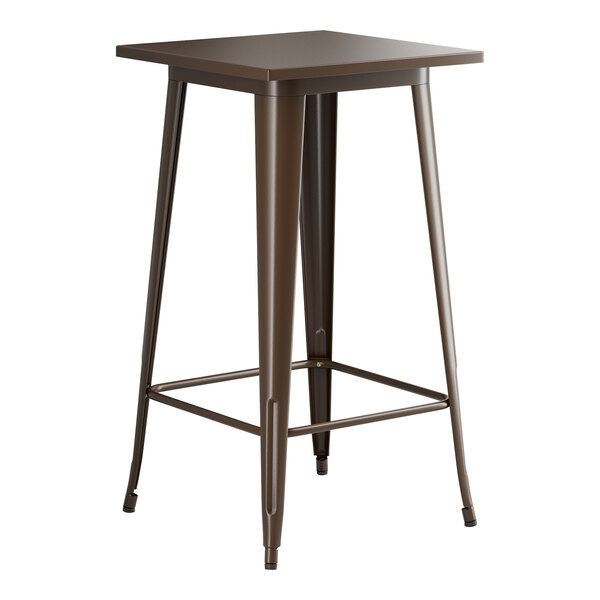 A Lancaster Table & Seating copper bar table with a square top and legs.