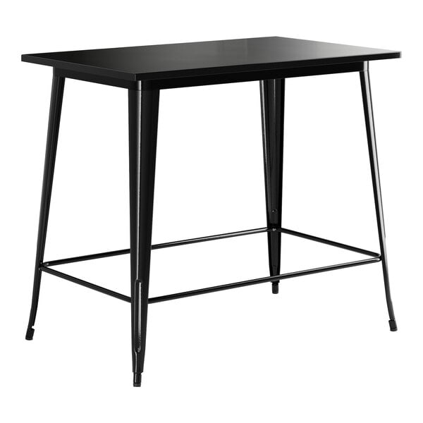 A Lancaster Table & Seating black rectangular bar height table with a black metal base.