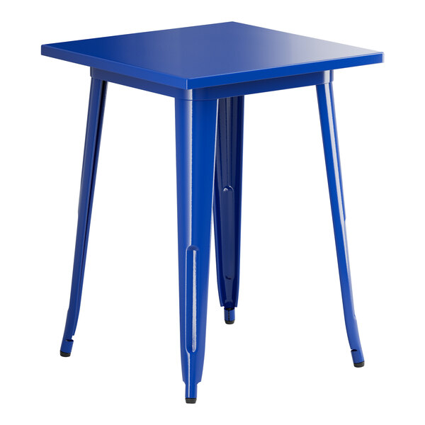 A blue square Lancaster Table & Seating Alloy Series table with legs.