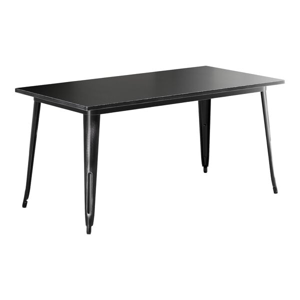 A Lancaster Table & Seating Alloy Series distressed onyx black rectangular table with metal legs.
