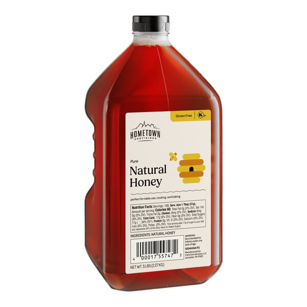 A 5 lb. bottle of Hometown Provisions All-Natural Honey with a white label.