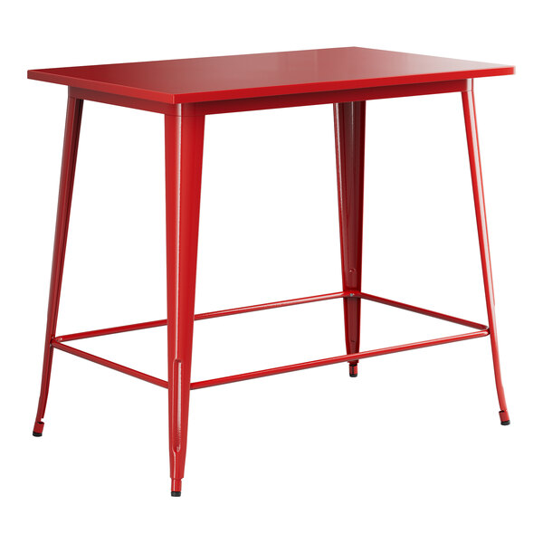 A Lancaster Table & Seating red metal rectangular bar height table with a metal frame.