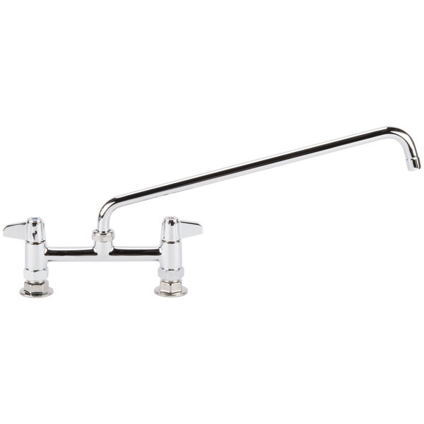 A chrome Equip by T&S deck mounted faucet with a long swing spout and lever handles.