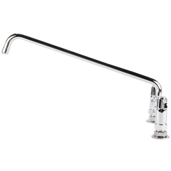 A silver Equip by T&S deck-mounted faucet with lever handles and a long swing spout.