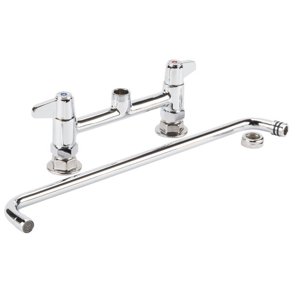 A chrome Equip by T&S deck-mounted faucet with swing spout and lever handles.