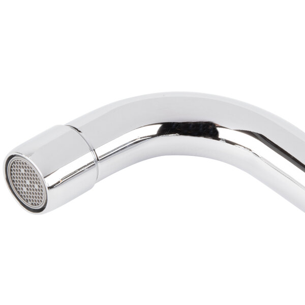 A close-up of a chrome Equip by T&S deck-mounted faucet with lever handles.