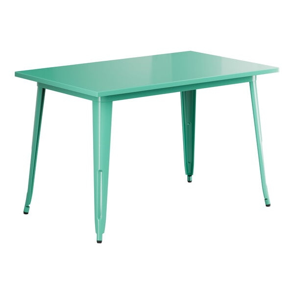 A Lancaster Table & Seating outdoor table with an aquamarine top and metal legs.
