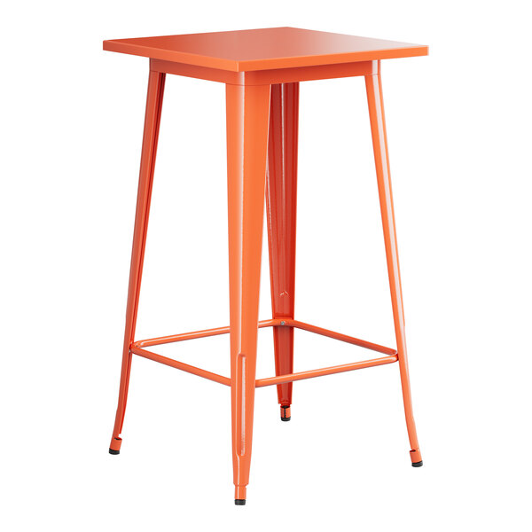 An orange square Lancaster Table & Seating bar height table with legs.