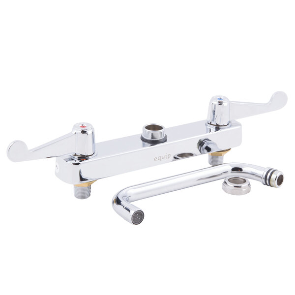 A chrome Equip by T&S deck-mounted workboard faucet with 8" centers and wrist handles.