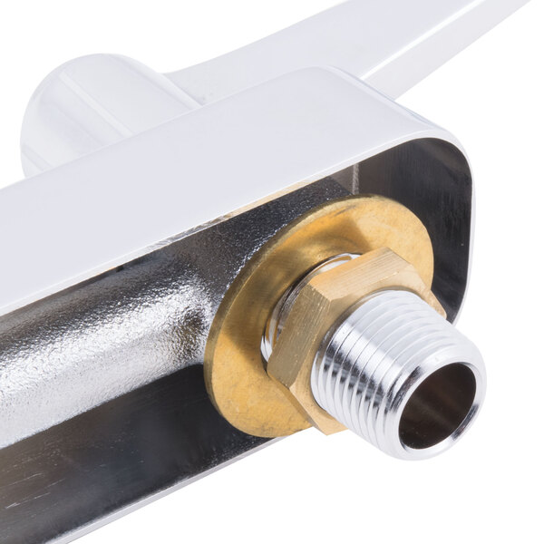 A close up of a deck-mounted Equip by T&S workboard faucet with wrist handles and a swing spout.