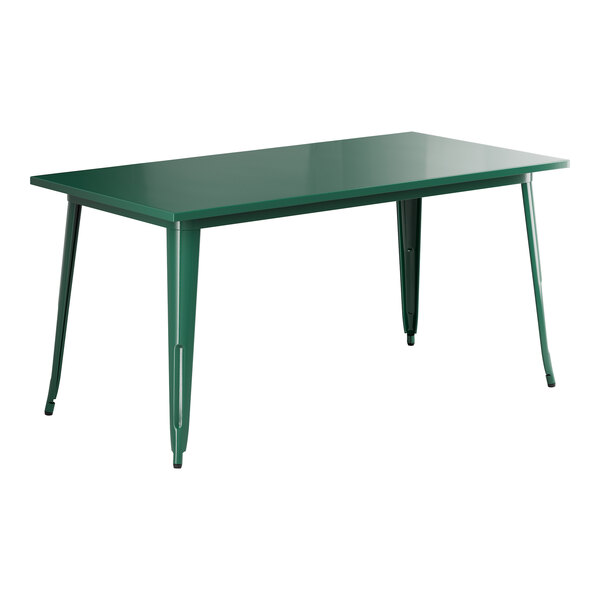 A Lancaster Table & Seating emerald green rectangular table with metal legs.