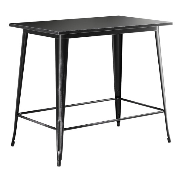 A Lancaster Table & Seating black metal rectangular bar height table with black legs.
