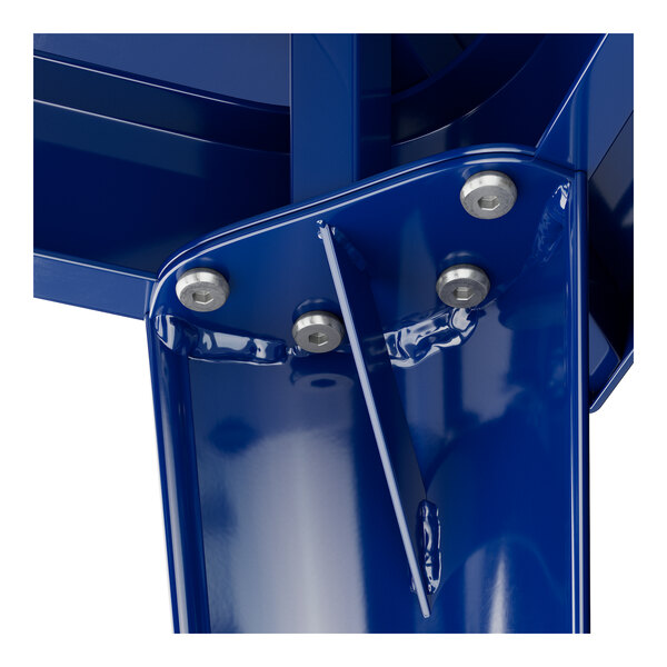 A close-up of a blue metal piece with screws for a Lancaster Table & Seating Sapphire Outdoor Table.