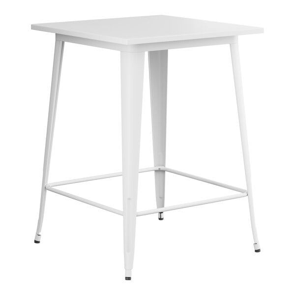 A Lancaster Table & Seating pearl white metal bar height table with a square top and legs.