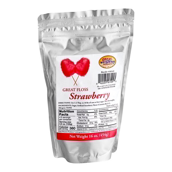 A bag of Great Western Pink Strawberry Cotton Candy Concentrate Sugar with a label.