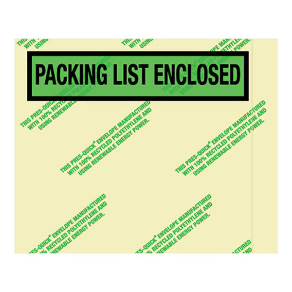 A close-up of a green Lavex packing list envelope with a green and yellow label that reads "Packing List Enclosed"