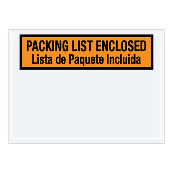 A white Lavex envelope with an orange panel and black text reading "Packing List Enclosed" in English and Spanish.