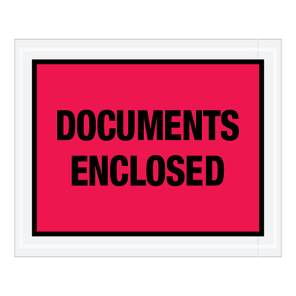 A red polyethylene envelope with black text reading "Documents Enclosed"