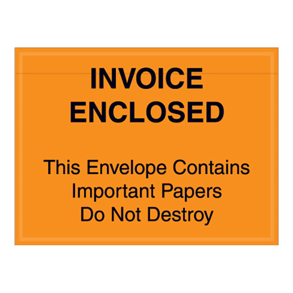 An orange sign with black text that reads "Invoice Enclosed" on a Lavex orange envelope.