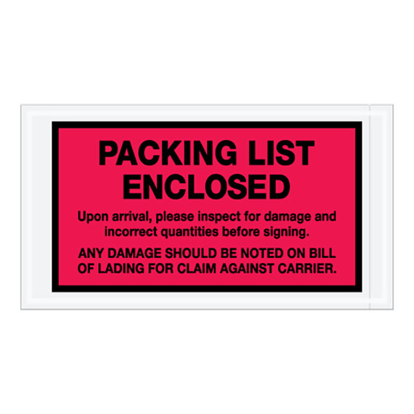 A red and black label with black text that says "packing list enclosed"