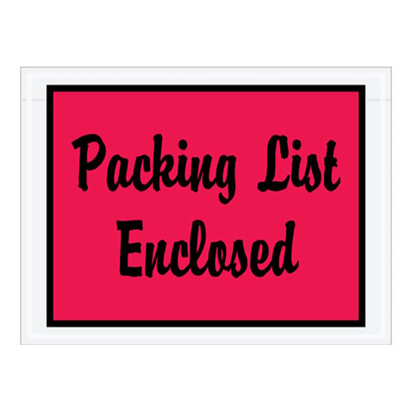 A pink Lavex polyethylene envelope with black text that says "Packing List Enclosed"