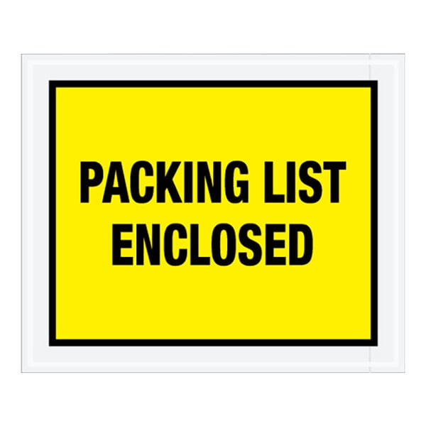 A yellow Lavex polyethylene packing list envelope with black text that says "Packing List Enclosed"