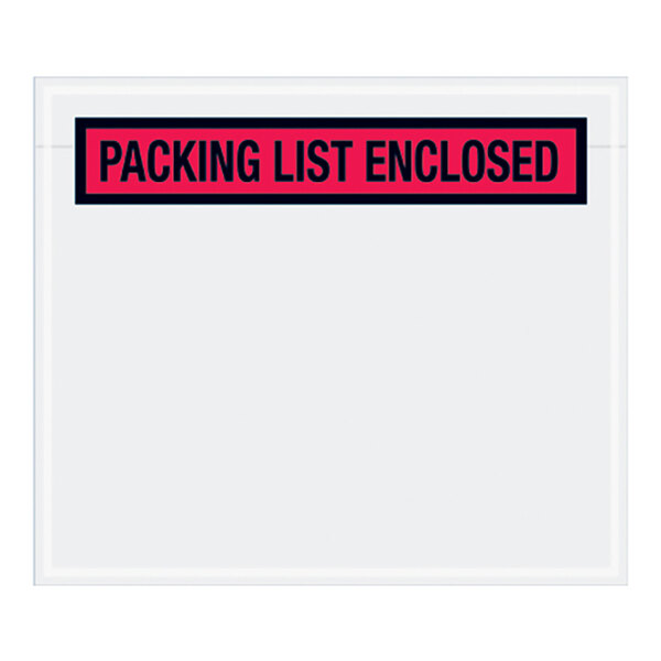 A white envelope with a red rectangular label that says "Packing List Enclosed"