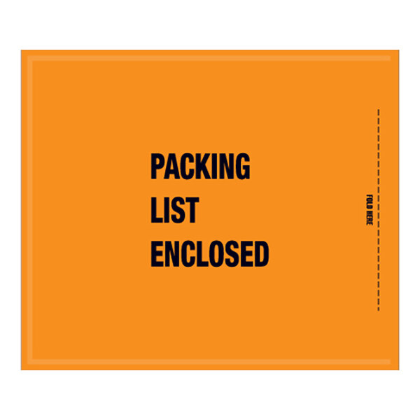 An orange envelope with black text that says "Packing List Enclosed"