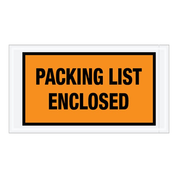 An orange and black label with black text that says "Packing List Enclosed"