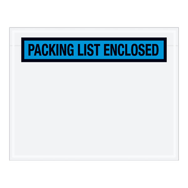 A white rectangular envelope with a blue panel and blue text that reads "Packing List Enclosed"