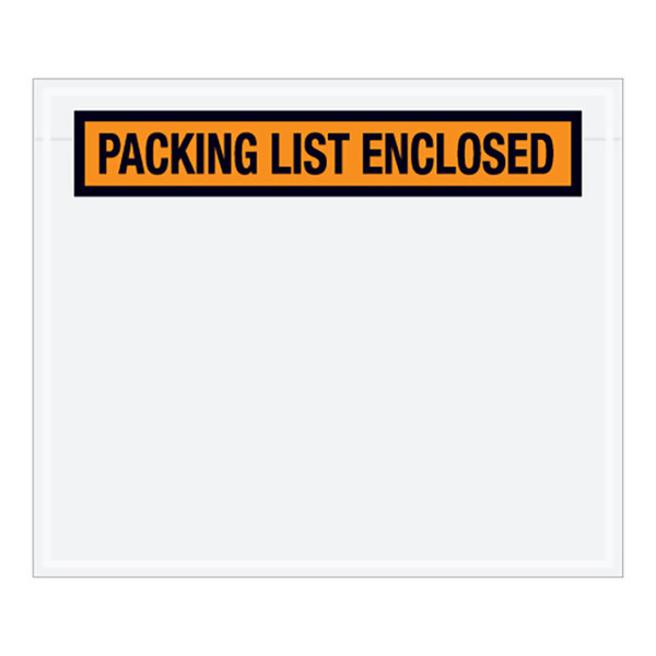 A white envelope with a black and orange label that says "packaging list enclosed"