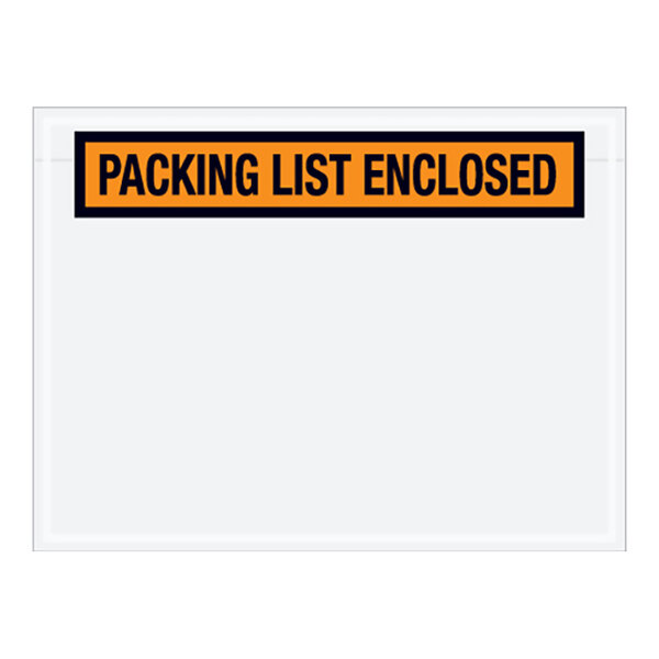 A white envelope with a black and orange panel printed label reading "Packing List Enclosed" in orange.