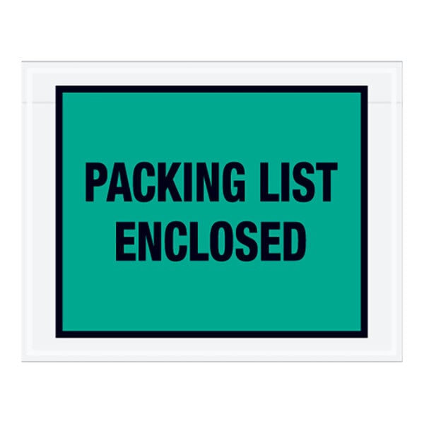 A green sign with black text that says "Packing List Enclosed"